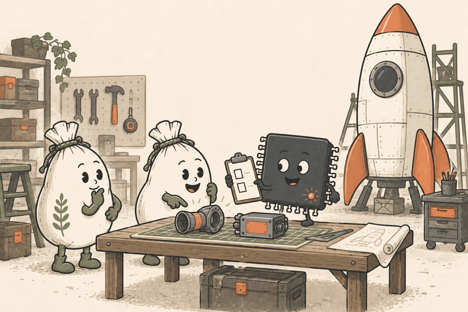 Silicon offers a questionnaire while two cloth-sack colleagues consider components for a rocket build.