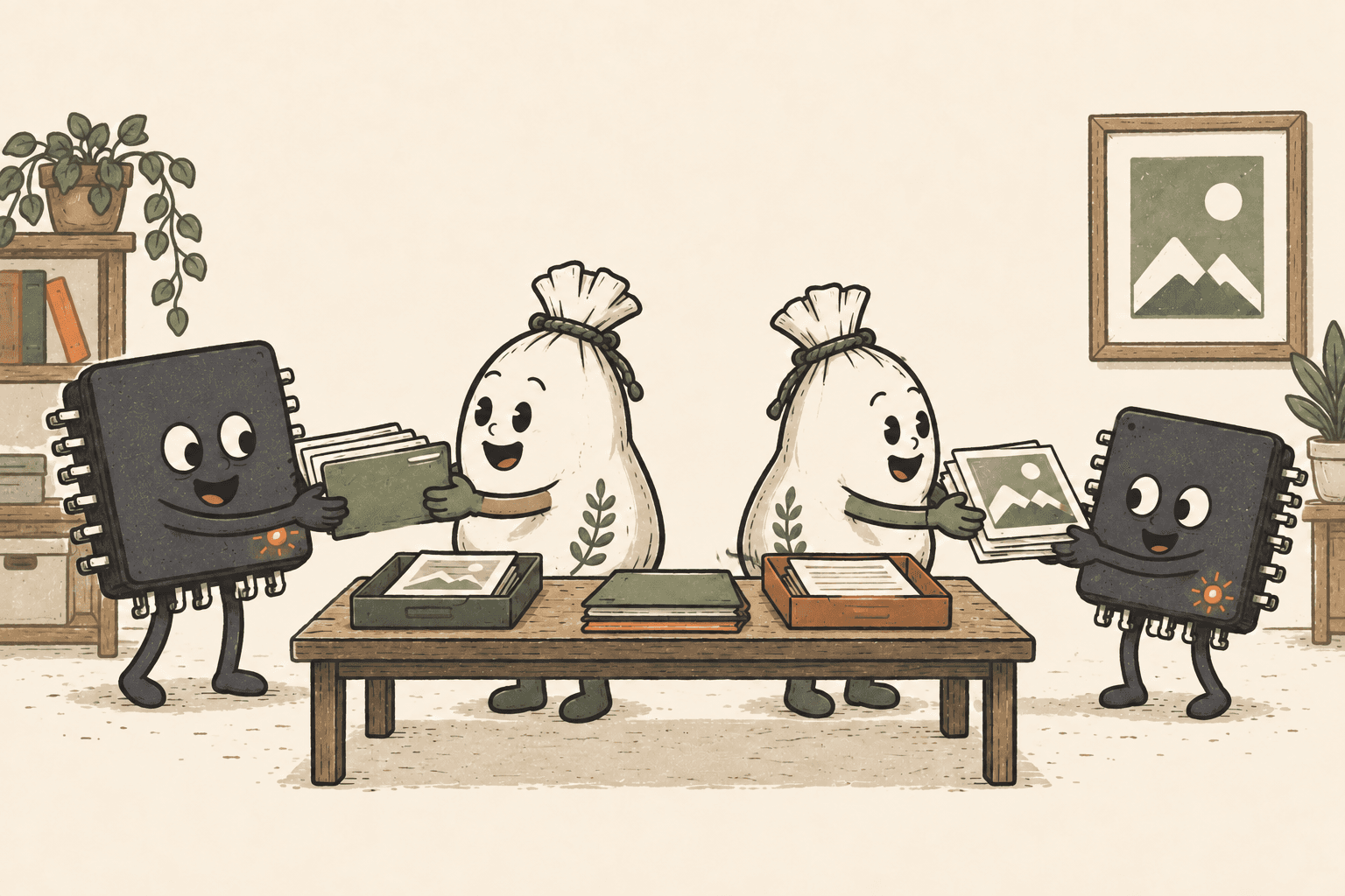 Two chip agents and two cloth-sack colleagues exchange folders of documents and photos across a table.